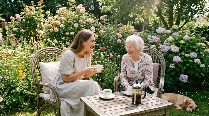Zwei Frauen, eine jüngere Angehörige und eine ältere Dame, sitzen entspannt bei einer Tasse Kaffee im Garten und unterhalten sich. Sonniges Wetter, blühende Pflanzen im Hintergrund.