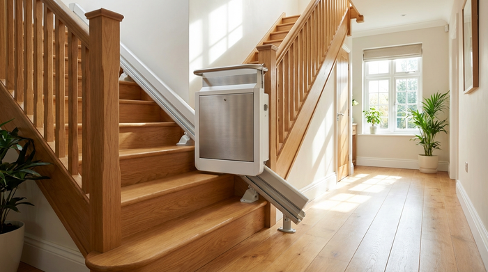 Ein moderner Treppenlift an einer gepflegten Holztreppe in einem hellen Einfamilienhaus. Saubere und sichere Umgebung, realistische Darstellung ohne Personen.