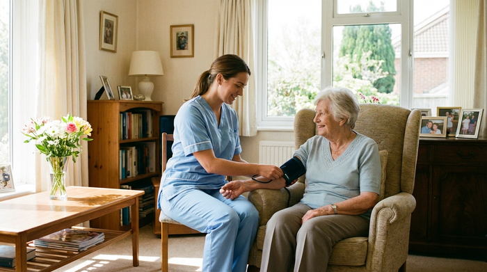 Eine professionelle, in ein helles Kasack gekleidete Pflegekraft misst behutsam den Blutdruck einer lächelnden älteren Dame in einem ordentlichen, sonnendurchfluteten Wohnzimmer. Im Hintergrund stehen frische Blumen auf einem Holztisch. Realistische, saubere Umgebung ohne Text.
