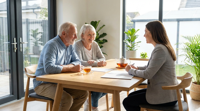 Ein älteres Ehepaar sitzt gemeinsam mit einer freundlichen Beraterin an einem aufgeräumten Holztisch und bespricht entspannt Dokumente. Eine Tasse Tee steht auf dem Tisch, die Atmosphäre ist vertrauensvoll und beruhigend. Helles, modernes Zimmer.