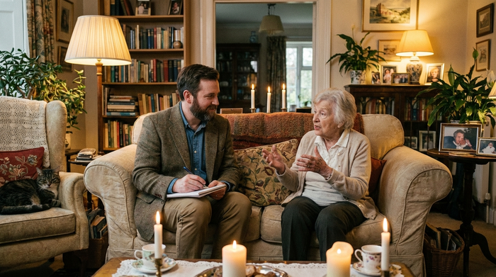 Ein sympathischer Gutachter sitzt mit einer älteren Dame auf einem gemütlichen Sofa. Er hört ihr aufmerksam zu und nickt verständnisvoll, während er sich Notizen macht. Warme Beleuchtung, wohnliche und entspannte Atmosphäre im eigenen Zuhause.