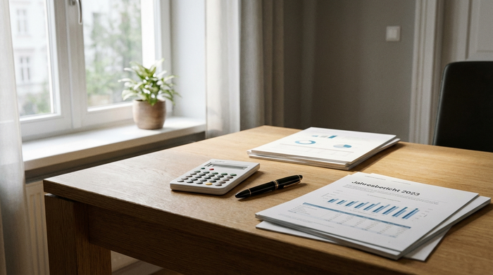 Ein Taschenrechner, ein eleganter Stift und übersichtliche Dokumente liegen auf einem aufgeräumten Schreibtisch aus Eichenholz. Weiches Licht fällt durch ein Fenster, professionelle und ruhige Arbeitsatmosphäre.