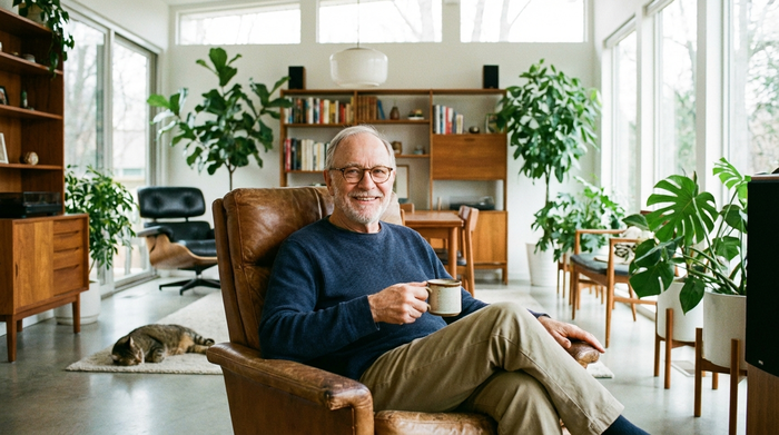 Ein freundlicher, älterer Herr mit Brille sitzt entspannt in einem gemütlichen Lesesessel und hält eine Kaffeetasse. Im Hintergrund ist ein modernes, helles Zimmer mit Zimmerpflanzen zu sehen.