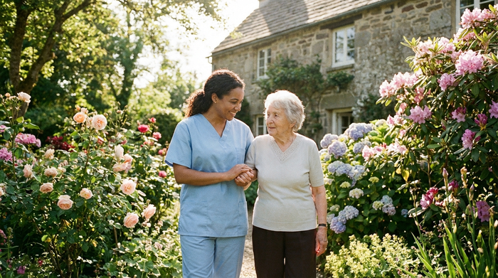 Eine einfühlsame Pflegekraft in hellblauer Kleidung stützt eine ältere Dame beim gemeinsamen Spaziergang im eigenen Garten. Sonniges Wetter, blühende Sträucher, liebevolle Unterstützung im Alltag.