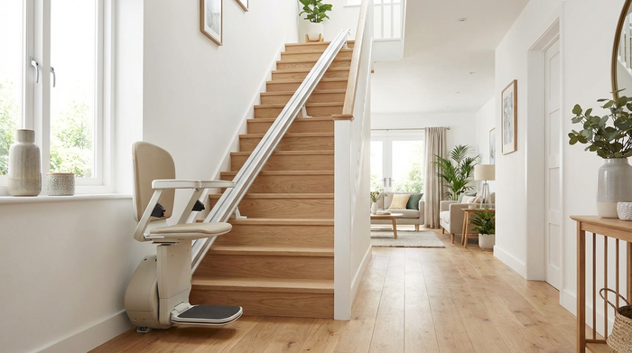 Ein moderner, unauffälliger Treppenlift ist an einer hellen Holztreppe in einem gepflegten Einfamilienhaus installiert. Sauberer, sicherer Flurbereich, einladende und barrierefreie Wohnumgebung.