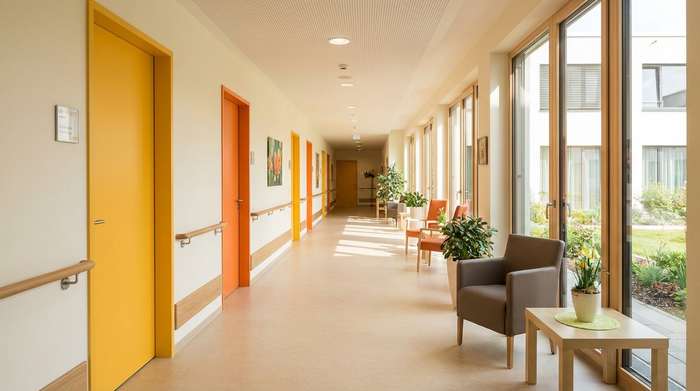 Ein heller, breiter Flur in einer modernen Pflegeeinrichtung mit farblich abgesetzten Türen in warmen Gelb- und Orangetönen. Ein Handlauf aus Holz verläuft an der Wand. Tageslicht fällt durch große Fenster.