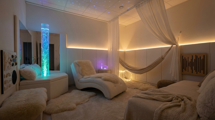 Ein gemütlicher, weiß eingerichteter Snoezelen-Raum mit gedimmtem Licht. Eine leuchtende Wassersäule mit sanftem Farbwechsel steht in der Ecke neben einem bequemen Liegesessel. Entspannende, friedliche Atmosphäre.