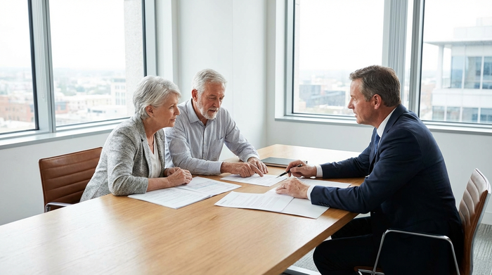 Ein älteres Ehepaar sitzt gemeinsam mit einem professionellen Berater im Anzug an einem Tisch und schaut auf Dokumente. Ernstes, aber zuversichtliches Gespräch in einem hellen Büro.