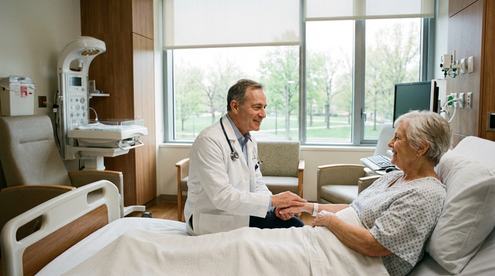 Ein freundlicher Arzt in weißem Kittel spricht beruhigend mit einer älteren Patientin in einem modernen, hellen Krankenzimmer. Realistische Szene, professionelle medizinische Umgebung, ohne Text.