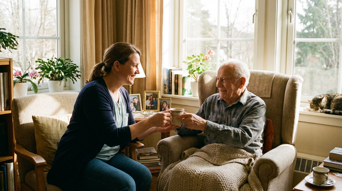 Eine liebevolle Pflegekraft reicht einem lächelnden Senior eine Tasse Tee in einem hellen, gemütlichen Zimmer eines Pflegeheims. Realistische, warme und einladende Atmosphäre, ohne Text.
