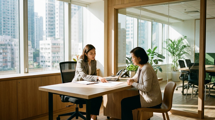 Zwei Frauen sitzen an einem Schreibtisch in einem modernen Büro und besprechen Papiere. Eine professionelle Beraterin erklärt einer Angehörigen geduldig die Details. Helles Licht, realistische Szene, ohne Text.