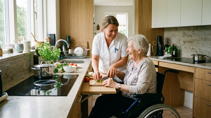 Eine freundliche Betreuungskraft kocht gemeinsam mit einer älteren Dame in einer barrierefreien, modernen Küche. Lachende Gesichter, realistische Alltagsszene, ohne Text.