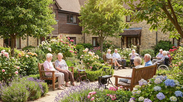 Ein gepflegter, sonniger Garten eines Seniorenheims. Ältere Menschen sitzen entspannt auf Bänken und unterhalten sich, umgeben von blühenden Blumen und Bäumen. Friedliche Atmosphäre, ohne Text.