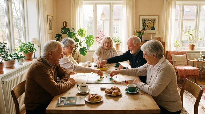 Eine fröhliche Gruppe von Senioren sitzt an einem großen Holztisch in einem sonnendurchfluteten Raum und spielt gemeinsam ein Brettspiel. Die Atmosphäre ist herzlich und entspannt, helle Farben dominieren die gepflegte Umgebung.
