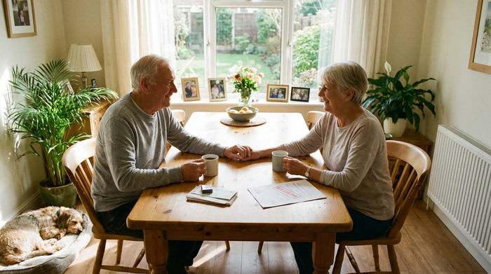 Ein älteres Ehepaar sitzt am heimischen Esstisch und lächelt sich entspannt bei einer Tasse Kaffee an. Die Szene strahlt finanzielle Erleichterung, Geborgenheit und familiäre Harmonie aus.