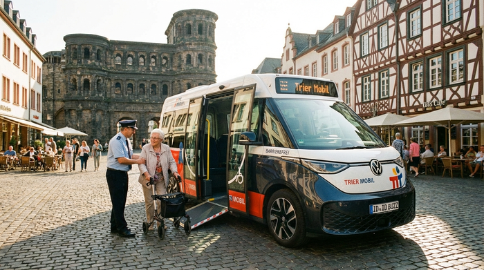 Ein moderner, barrierefreier Kleinbus mit geöffneter Seitentür steht in einer malerischen, sonnigen Straße in Trier. Ein freundlicher Fahrer hilft einem lächelnden Senior rücksichtsvoll beim Einsteigen.