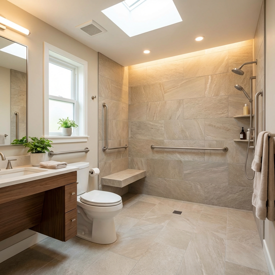 Ein elegantes, altersgerechtes Badezimmer mit einer ebenerdigen, modernen Dusche und stabilen Haltegriffen. Helles Licht, rutschfeste Fliesen und eine sichere, einladende Umgebung.