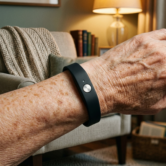 Eine Nahaufnahme des Handgelenks einer älteren Person, die ein unauffälliges, modernes Hausnotruf-Armband trägt. Im unscharfen Hintergrund ist eine gemütliche Wohnzimmerszene zu erkennen.