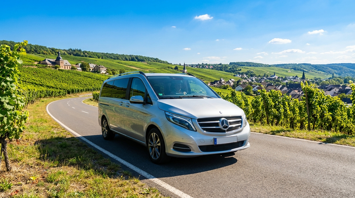 Ein sauberer Kleinbus fährt durch eine malerische Straße mit Blick auf grüne Weinberge im Hintergrund. Strahlend blauer Himmel, klare Umgebung, fotorealistisch.