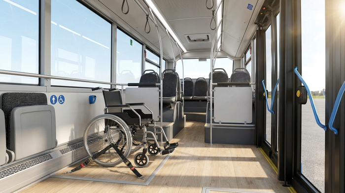 Innenansicht eines modernen Transportbusses. Ein Rollstuhl ist sicher mit Gurten am Boden befestigt. Helle und saubere Umgebung, professionelle Ausstattung, fotorealistische Darstellung.