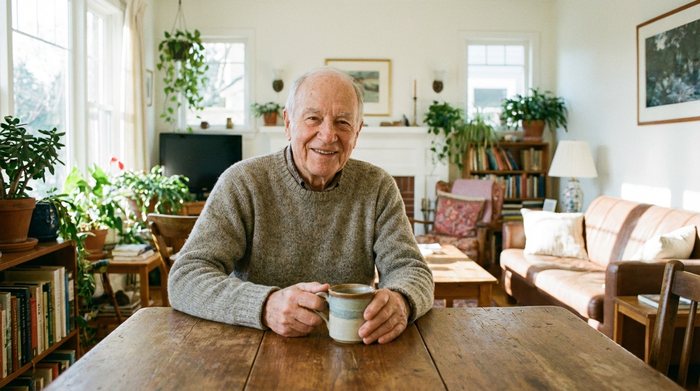 Ein älterer Herr sitzt entspannt an einem Holztisch und lächelt, während er eine Tasse Kaffee hält. Warme, einladende Atmosphäre in einem hellen Raum mit viel Tageslicht.