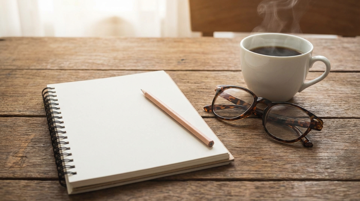 Ein leerer Notizblock mit einem Stift liegt auf einem Holztisch neben einer Brille und einer weißen Kaffeetasse. Gemütliche, aufgeräumte Szene, weiches Licht.
