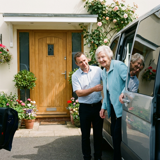 Ein freundlicher Fahrer hilft einer älteren Dame behutsam aus einem modernen Kleinbus. Die Dame lächelt und trägt eine leichte Jacke. Im Hintergrund ist eine einladende Eingangstür mit Pflanzen zu sehen. Sonniges, klares Wetter, realistische Fotografie, keine Schriftzüge.