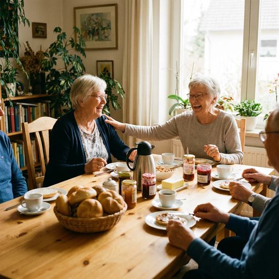 Mehrere Senioren sitzen gemeinsam an einem hellen Holztisch und frühstücken. Auf dem Tisch stehen frische Brötchen, Kaffeetassen und Marmelade. Die Stimmung ist heiter, zwei ältere Damen lachen miteinander. Warme, natürliche Beleuchtung, realistische Szene.