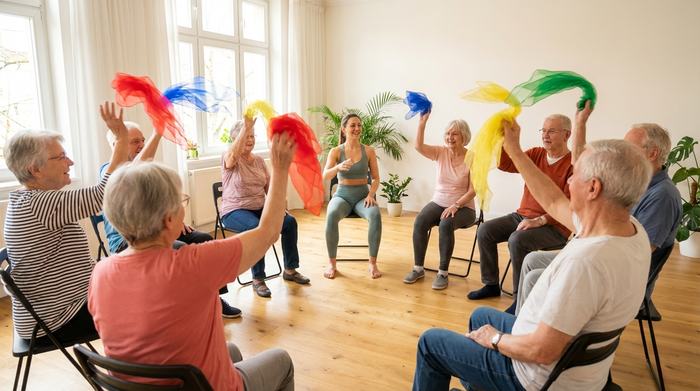 Eine Gruppe von Senioren sitzt im Kreis in einem hellen Raum und macht leichte Sitzgymnastik mit bunten Tüchern. Eine motivierte Pflegekraft in bequemer Kleidung macht die Bewegungen vor. Konzentrierte, aber fröhliche Gesichter. Klare Umgebung, realistischer Stil.
