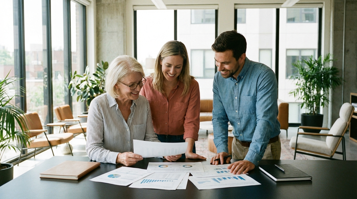 Eine ältere Frau sitzt gemeinsam mit ihrer erwachsenen Tochter und einem sympathischen Berater an einem Schreibtisch. Sie betrachten aufmerksam einige Dokumente. Die Atmosphäre ist vertrauensvoll und entspannt. Modernes Büro, helles Licht, realistische Darstellung ohne lesbaren Text.