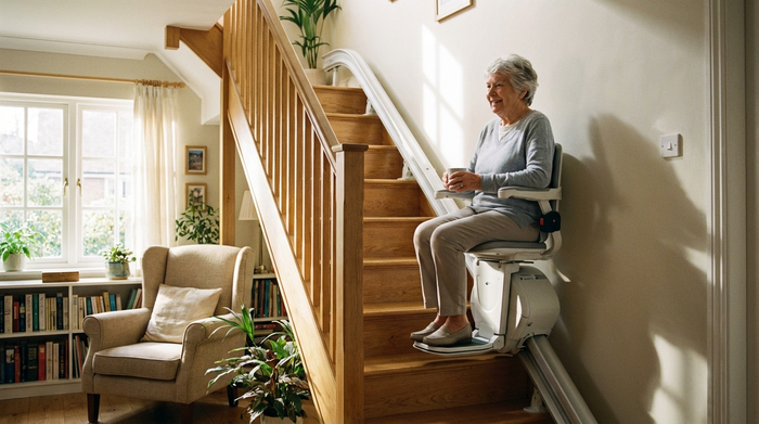 Ein ordentliches, gemütliches Treppenhaus in einem Einfamilienhaus. Ein moderner, gepflegter Treppenlift ist an der Wand montiert. Eine ältere Person sitzt sicher und entspannt auf dem Lift und fährt nach oben. Realistische, helle Innenaufnahme.