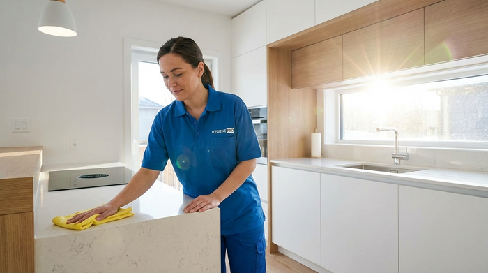 Eine professionelle Reinigungskraft in sauberer Arbeitskleidung wischt mit einem gelben Mikrofasertuch behutsam die Oberflächen in einer modernen, hellen Küche. Sonnenlicht fällt durch das Fenster, die Umgebung wirkt sehr hygienisch und ordentlich.