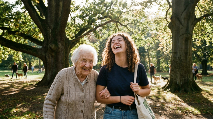 Eine ältere Frau und eine junge, engagierte Alltagsbegleiterin spazieren gemeinsam lachend durch einen grünen Park mit großen alten Bäumen. Die Sonne scheint, die Stimmung ist entspannt, vertraut und fröhlich.