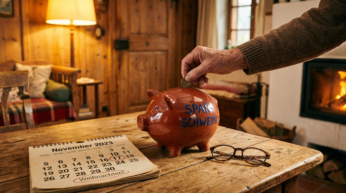 Ein klassisches Sparschwein aus Keramik steht auf einem rustikalen Holztisch, daneben ein Kalender und eine Lesebrille. Eine ältere Hand legt behutsam eine Münze hinein. Die Szene ist in warmes, gemütliches Licht getaucht.