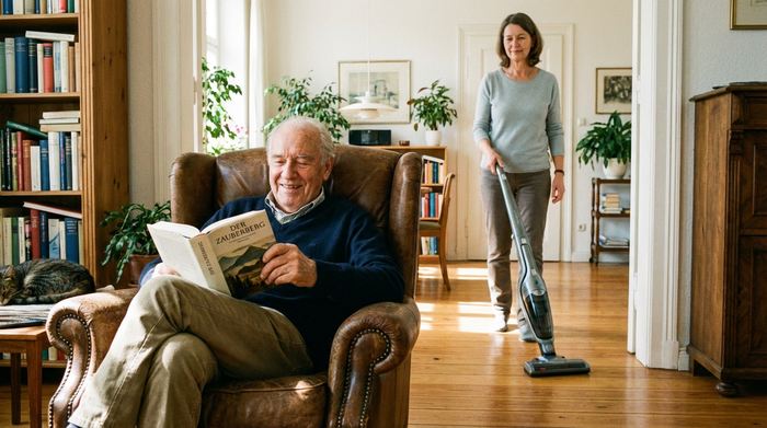 Ein älterer Herr sitzt tiefenentspannt in seinem bequemen Sessel und liest ein Buch, während im Hintergrund eine freundliche Haushaltshilfe leise den Holzboden staubsaugt. Es herrscht eine friedliche, spürbar entlastende Stimmung im Wohnzimmer.