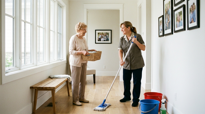 Eine ältere Frau steht in einem sauberen Flur und lächelt einer Reinigungskraft zu, die gerade den Boden wischt. Helle, aufgeräumte Umgebung, Fokus auf alltägliche Haushaltsführung.
