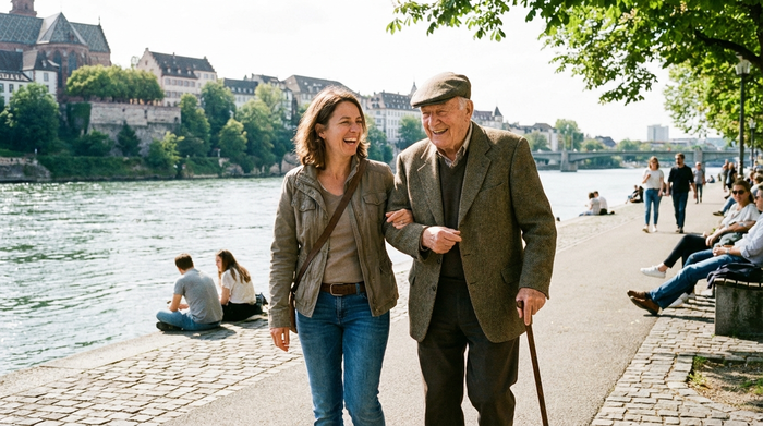 Ein engagierter Alltagsbegleiter spaziert mit einem älteren Herrn mit Gehstock an einer schönen Flusspromenade. Sonniges Wetter, entspannte Atmosphäre, beide lachen und genießen die frische Luft.