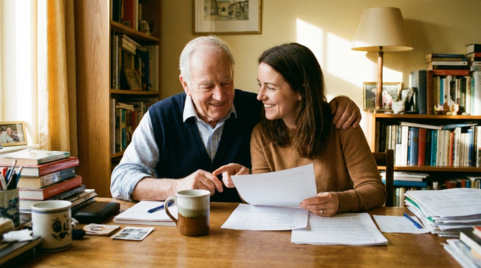 Eine Tochter und ihr älterer Vater sitzen am Schreibtisch und betrachten entspannt Dokumente. Eine Tasse Kaffee steht auf dem Tisch, die Stimmung ist erleichtert und positiv.