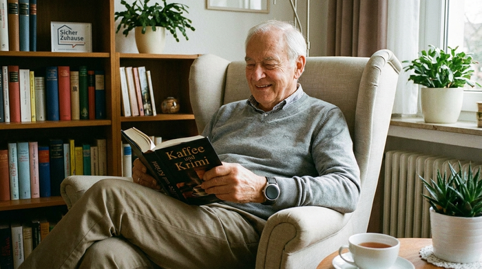 Ein moderner, unauffälliger Hausnotruf-Knopf am Handgelenk eines Seniors, der entspannt in einem Sessel ein Buch liest. Fokus auf Sicherheit im eigenen Zuhause.