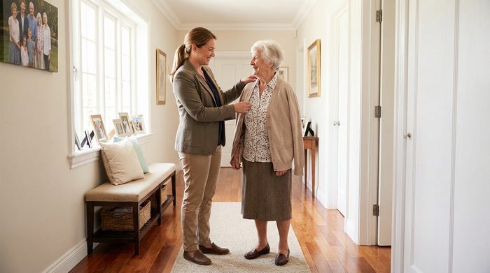 Eine sympathische Betreuungskraft hilft einer älteren Dame liebevoll beim Richten der Kleidung im Flur eines gepflegten Hauses. Beide lächeln. Helle Beleuchtung, saubere und sichere Umgebung.