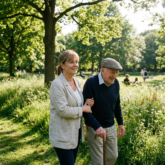 Eine Betreuungskraft und ein Senior spazieren gemeinsam an einem sonnigen Tag durch einen grünen Park. Die Betreuungskraft stützt den Senior sanft am Arm. Realistische, naturnahe Szene.