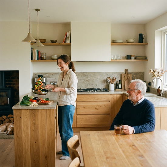 Eine Frau kocht frisches Gemüse in einer modernen, aufgeräumten Küche, während ein älterer Herr vom Esstisch aus zuschaut. Warme Farben, häusliche Idylle.
