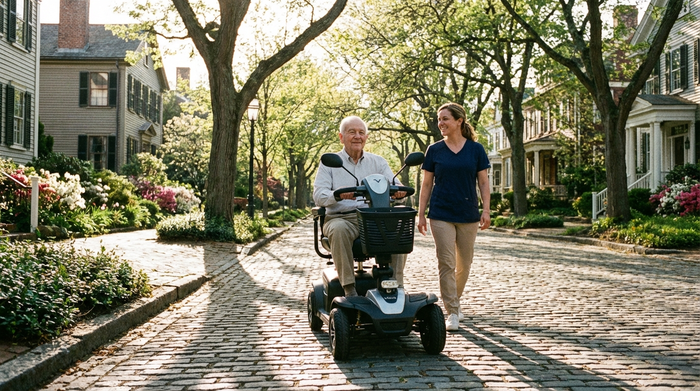 Ein älterer Herr fährt entspannt mit einem modernen Elektromobil über einen gepflasterten Weg in einer ruhigen Nachbarschaft. Neben ihm geht eine lächelnde Betreuungskraft. Sonniges Wetter.
