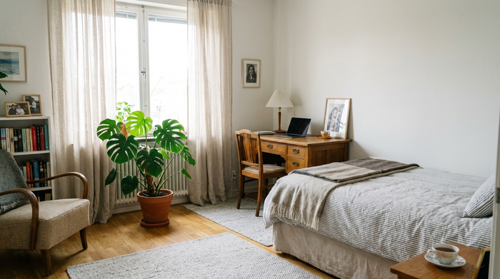 Ein helles, gemütlich eingerichtetes Gästezimmer für eine Betreuungskraft mit einem frisch bezogenen Bett, einem kleinen Schreibtisch, einer Zimmerpflanze und einem großen Fenster mit Tageslicht. Einladend und sauber.