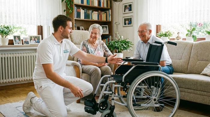 Ein freundlicher Mitarbeiter eines Sanitätshauses in sauberer Arbeitskleidung berät ein älteres Ehepaar in ihrem gemütlichen Wohnzimmer. Er zeigt auf einen modernen, leichten Aluminium-Rollstuhl, der vor ihnen steht. Die Atmosphäre ist vertrauensvoll und entspannt.