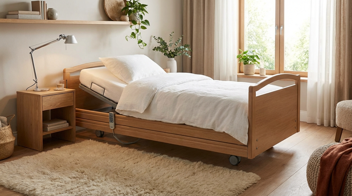 Ein hochmodernes, elektrisch verstellbares Pflegebett in einem wohnlichen Schlafzimmer. Das Bett ist tief abgesenkt, daneben liegt ein weicher Teppich. Auf dem Nachttisch steht eine Leselampe, sanftes Morgenlicht fällt durch das Fenster auf die weiße Bettwäsche.