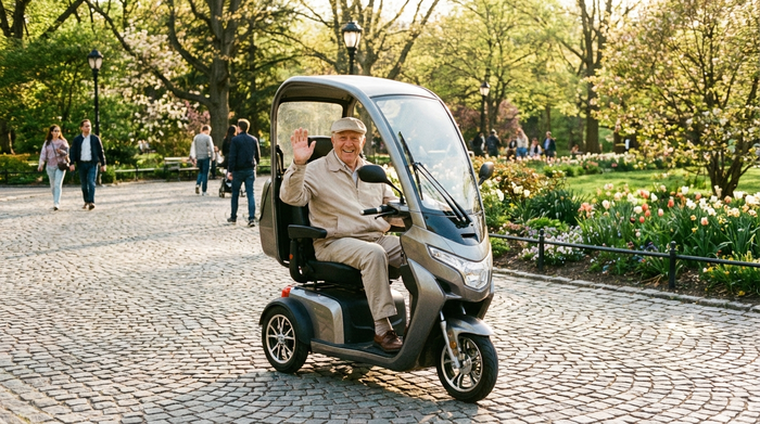Ein rüstiger Senior fährt an einem sonnigen Tag mit einem modernen Elektromobil über einen gepflasterten Weg in einer parkähnlichen Anlage. Er trägt eine leichte Jacke, lächelt zufrieden und genießt die Ausfahrt in der Natur.