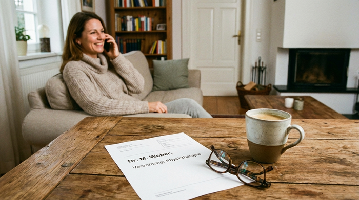 Eine ärztliche Verordnung liegt gut sichtbar auf einem rustikalen Holztisch, daneben eine Lesebrille und eine Tasse Kaffee. Im Hintergrund sitzt eine Frau entspannt auf dem Sofa und telefoniert lächelnd mit einem Berater.