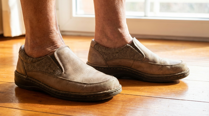 Nahaufnahme der Füße einer älteren Person in bequemen, gut sitzenden orthopädischen Schuhen auf einem sauberen, warmen Holzboden. Sanftes Tageslicht, Fokus auf Komfort, Stabilität und hochwertige Materialien.