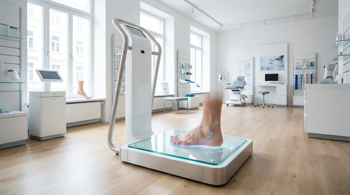 Ein moderner 3D-Fußscanner in einem hellen, sauberen Sanitätshaus. Ein Fuß steht auf einer beleuchteten Glasplatte, während unsichtbare Sensoren die Form erfassen. Realistische, medizinische Umgebung ohne Text oder Diagramme.